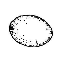 Black and white vector illustration of a whole olive drawn in clean line art. The simple hand-sketched shape shows surface texture and pits, suitable for food graphics, Mediterranean recipe layouts.