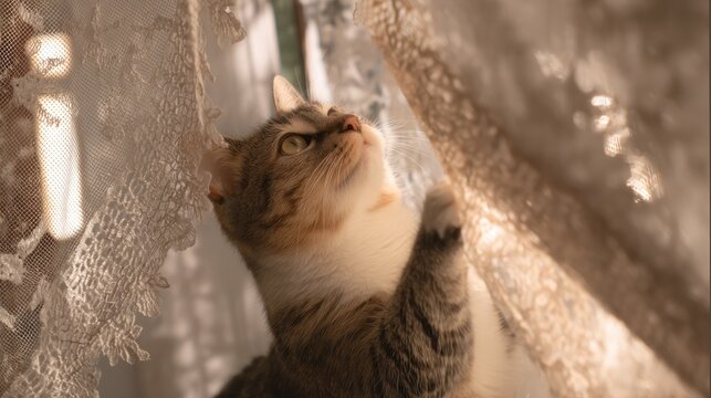 Tabby cat playfully reaching up towards lace curtains in soft sunlit window