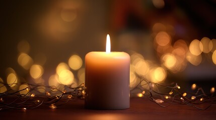 Focused candle surrounded by soft bokeh lights, warm tones and blurred background creating a calm, peaceful atmosphere that feels cozy and serene.