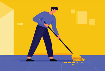 Illustration shows a man sweeping a floor with a broom. Yellow wall with light blue floor and a light corner
