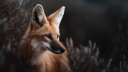 Naklejka premium Captivating portrait of a wild fox in its natural habitat. Striking animal with intense gaze, symbolizing wilderness, intelligence, and adaptability.