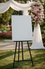 Blank easel stands before floral arch, outdoor garden setting