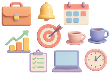 Business icons including briefcase bell calendar graph coffee cups clipboard laptop and clock isolated on a transparent background