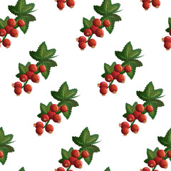 Seamless currant berry pattern with red and black clusters. Repeating seamless pattern featuring red and black currant branches with green leaves, ideal for textiles, packaging and decorative designs.