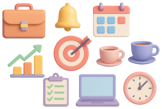 Business icons including briefcase bell calendar graph coffee cups clipboard laptop and clock isolated on a transparent background