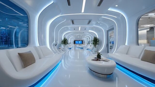 Futuristic Design Interior: An immersive, futuristic interior, characterized by its sleek, curved lines, soft lighting, and minimalist aesthetics, evokes a sense of innovation and sophistication.