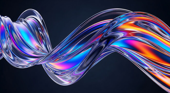 Abstract iridescent fluid ribbon with vibrant colors and reflections on a dark background