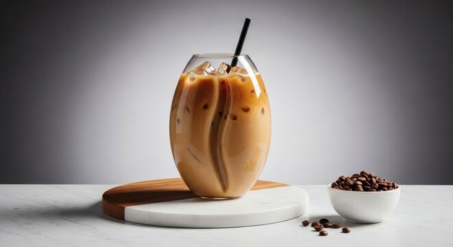Iced coffee in a bean-shaped glass on wooden coaster