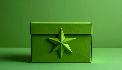 Green rectangular box with gold star decoration on lid, placed on green surface
