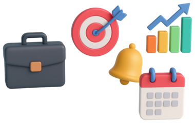 Business icons including briefcase target bell calendar and bar graph with arrow isolated on a transparent background