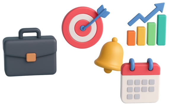 Business icons including briefcase target bell calendar and bar graph with arrow isolated on a transparent background