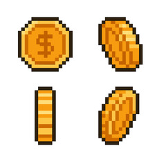 8 bit coin vector icons set: pixel style cryptocurrency and money symbols