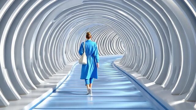 Journey Through the Portal: A solitary figure, clad in a vibrant blue ensemble, strides purposefully along a luminous path.  The futuristic tunnel, a study in curves and light.