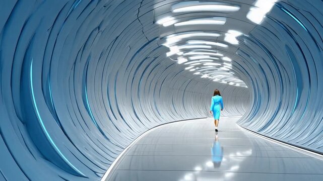 Journey into Tomorrow: A lone figure traverses a sleek, futuristic tunnel. The person moves towards the light at the tunnel's end, implying anticipation and forward thinking.