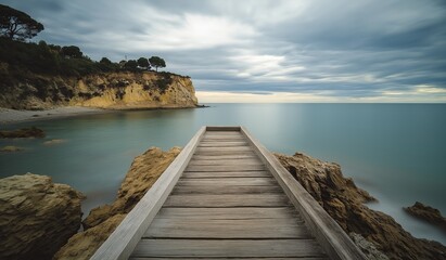 Long wooden bridge leads to horizon overlooking calm sea and cliffs with cloudy sky and breaking light in coastal landscape.