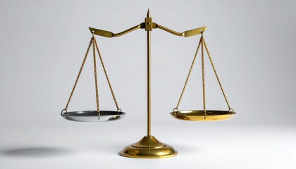 Golden balance scale with silver and gold pans on light gray background