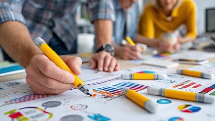 Team Collaboration & Analysis: Close-up of hands highlighting charts, illustrating team collaboration
