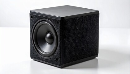 Obraz premium Black cube-shaped speaker with circular driver on white surface and plain background