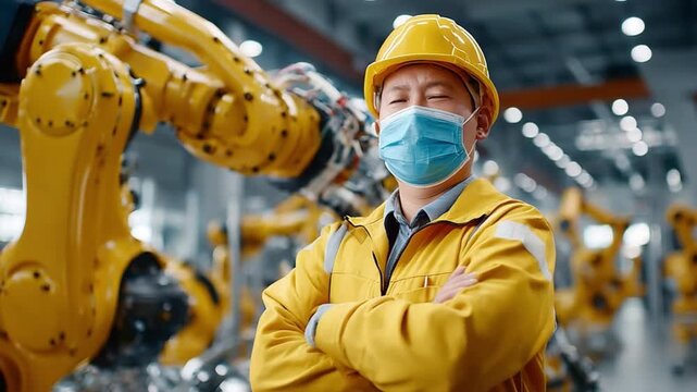 Factory Worker with Surgical Mask: An Asian factory worker, wearing a protective mask, stands confidently in a bustling industrial setting, surrounded by advanced robotics and machinery.