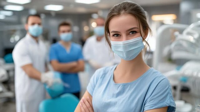 Team of Dental Experts: A team of dental professionals, wearing protective masks, poses confidently in a modern clinic, representing health and expertise.