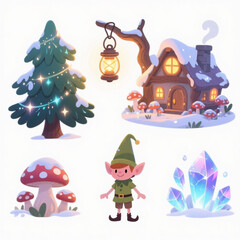 Fototapeta premium Cute Christmas Elf and Peter Pan Fantasy Winter Illustration.eps