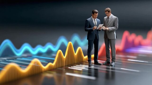 Strategic Insights: Two business professionals in tailored suits, engrossed in a discussion while consulting financial data visualized through dynamic charts, representing collaboration. - Powered by Adobe