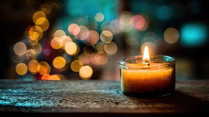 Focused candle surrounded by soft bokeh lights, warm tones and blurred background creating a calm, peaceful atmosphere that feels cozy and serene.
