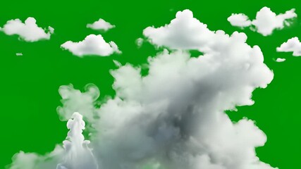Jet aircraft soars through white clouds on green screen, leaving trail of smoke rising into sky, capturing concept of global connectivity, technological innovation, freedom, adventure.