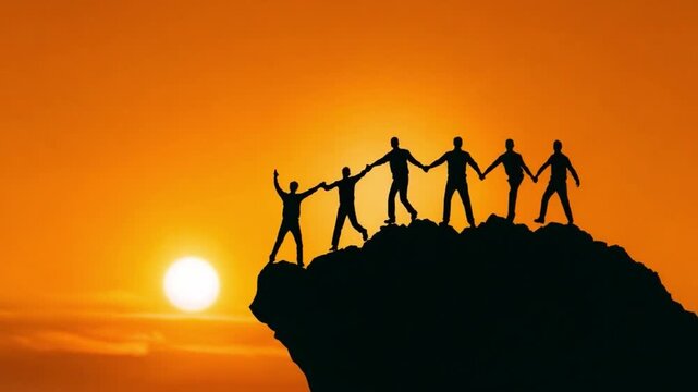 Teamwork Silhouette: A determined team of individuals stands united atop a scenic cliff at sunset, a symbol of collaboration, perseverance.