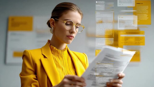 Focused Professional: A stylish professional woman meticulously reviews documents in a modern office environment, her focused expression illuminated by the ambient light.