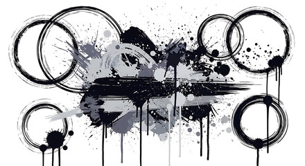 Abstract grunge art with black ink splatters and circular brush strokes on white background