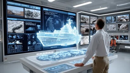Naval Analyst Inspects Technological Display: A naval analyst examines a holographic representation of a warship on a large, futuristic display. - Powered by Adobe