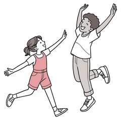 Happy jumping children holding hands. Continuous line drawing. Vector illustration on white background