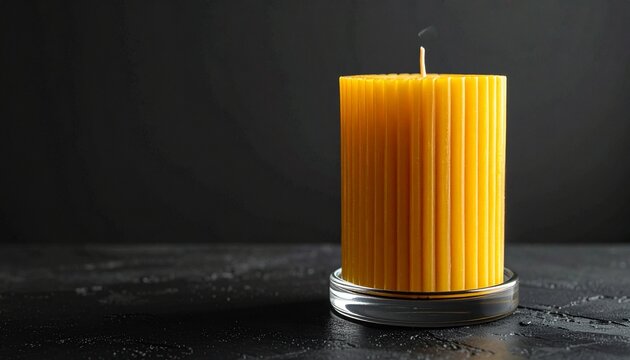 Vertically ribbed yellow candle in clear glass holder on black background - Powered by Adobe