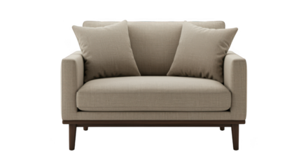 Modern beige armchair with two pillows isolated on transparent background