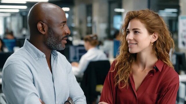 Office Conversation: Two colleagues share a moment of connection amidst a modern office environment, engaging in a meaningful dialogue that hints at collaboration and rapport. 