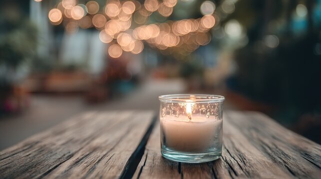 Focused candle surrounded by soft bokeh lights, warm tones and blurred background creating a calm, peaceful atmosphere that feels cozy and serene.