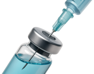 Close-up of a medical syringe needle piercing a vial of blue liquid graphic design isolated on a transparent background