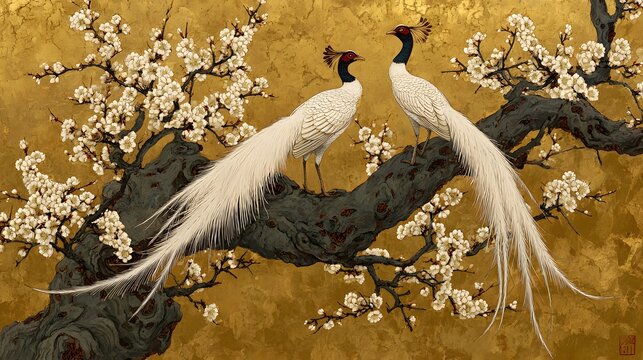 Elegant silver pheasants perched amidst blossoming plum branches on a gold backdrop