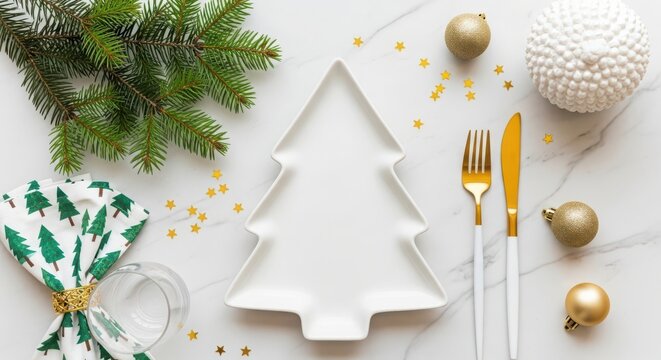 Elegant christmas dinner table setting featuring a white tree plate, golden cutlery, pine branches, and festive ornaments