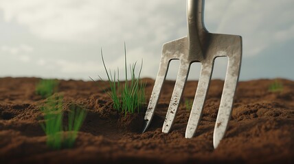 Garden Fork and Young Sprouts in Rich Soil