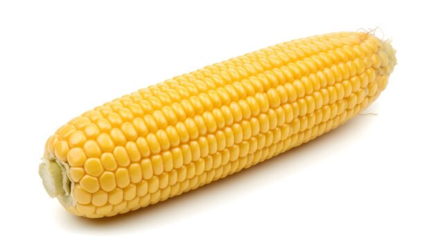 A single ear of golden corn displays its kernels against a white background.