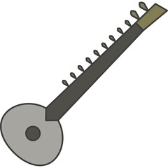 Illustration of a Sitar musical instrument with a grey body and a dark brown neck featuring tuning pegs against a transparent background