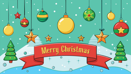Vector illustration of a Christmas holiday greeting card with a decorated tree, snowflakes, and festive winter season design