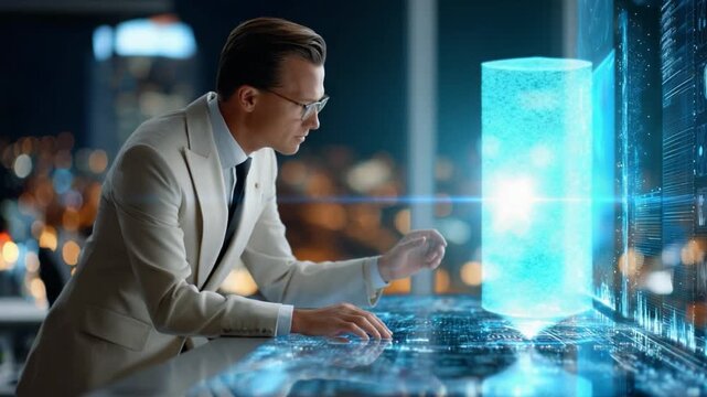 Visionary at Work: A sharp businessman, illuminated by a futuristic glow, deeply engrossed in an innovative display, embodying the cutting edge of progress. 