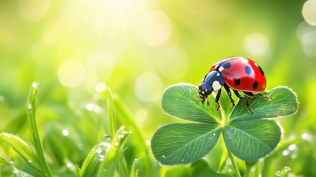 Ladybug on Clover Leaf: A vivid ladybug, adorned with its distinctive red shell and black spots, perches gracefully on a vibrant green clover leaf, nestled amidst lush grass.