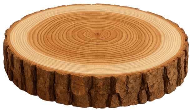 Cross Section of a Tree Trunk with Visible Growth Rings and Bark wood timber isolated on a transparent background