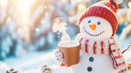 Frosty's Winter Warmth: A cheerful snowman, adorned with a cozy hat and scarf, enjoys a steaming cup of warmth in a snowy wonderland. Experience the delight of a winter day.