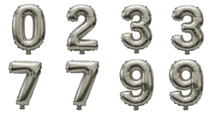 Gleaming silver foil balloon numbers 0-9, highly reflective and crinkled, isolated on a transparent background with dramatic studio lighting, macro shot, premium product advertising