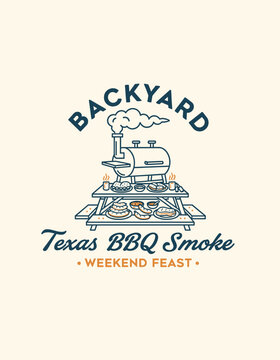 Vintage badge of a backyard smoker and picnic table stacked with meats, reading Texas BBQ Smoke, clean line art vector.